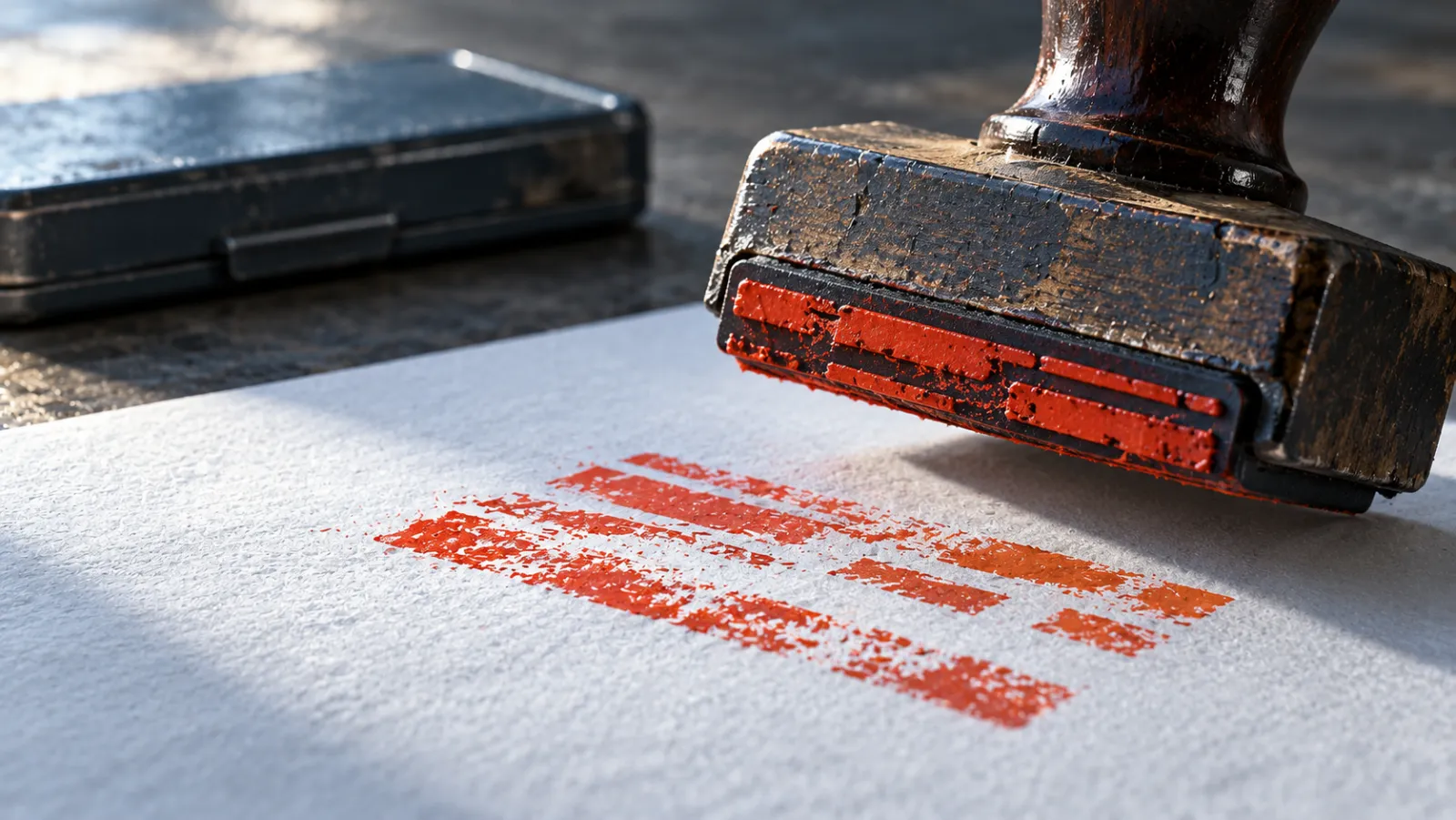 Illustrative close-up of a worn rubber stamp and fresh red-orange ink on pale paper
